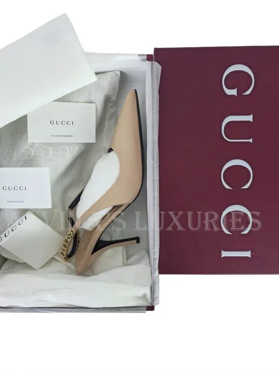 GUCCI SHOES SIGNORIA LEATHER w LOGO CHAIN SLINGBACK PUMPS sz 38.5 8.5 - Picture 15 of 16